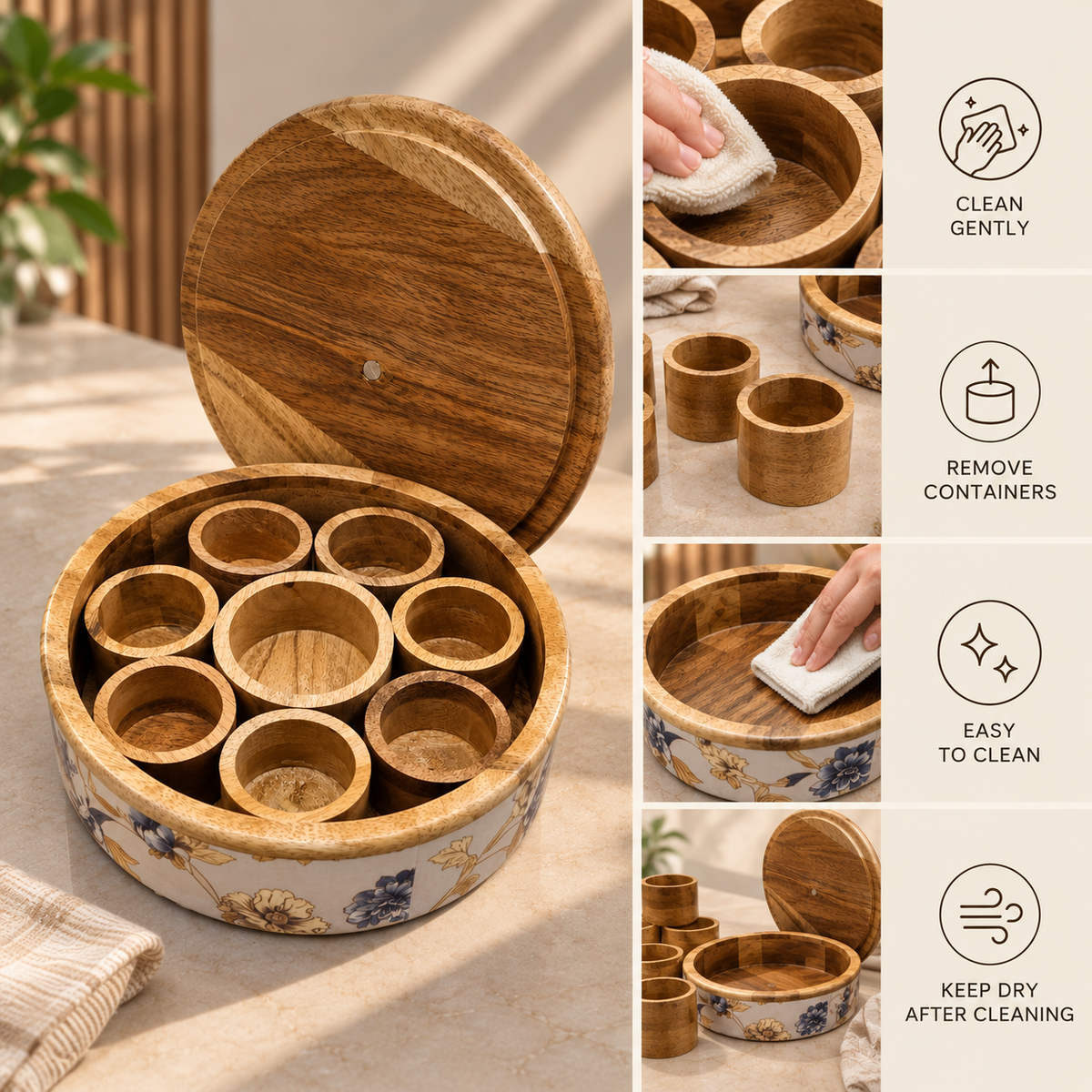 Handcrafted Mango-Wood Masala Box with Removable Spice Containers