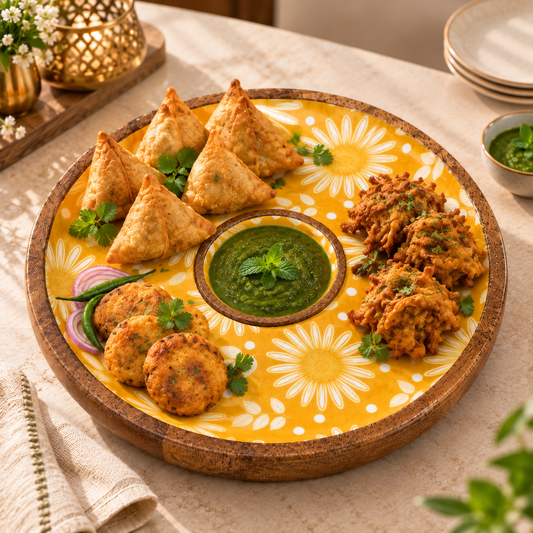 Handcrafted Mango Wood Centre Dip Serving Platter with Floral Print.