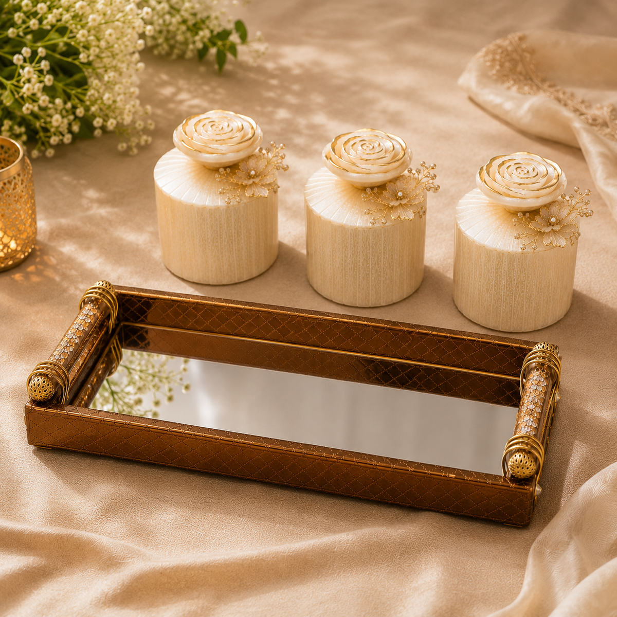 Premium Resin 3 Jar Organiser Set with Mirror Decorative Tray