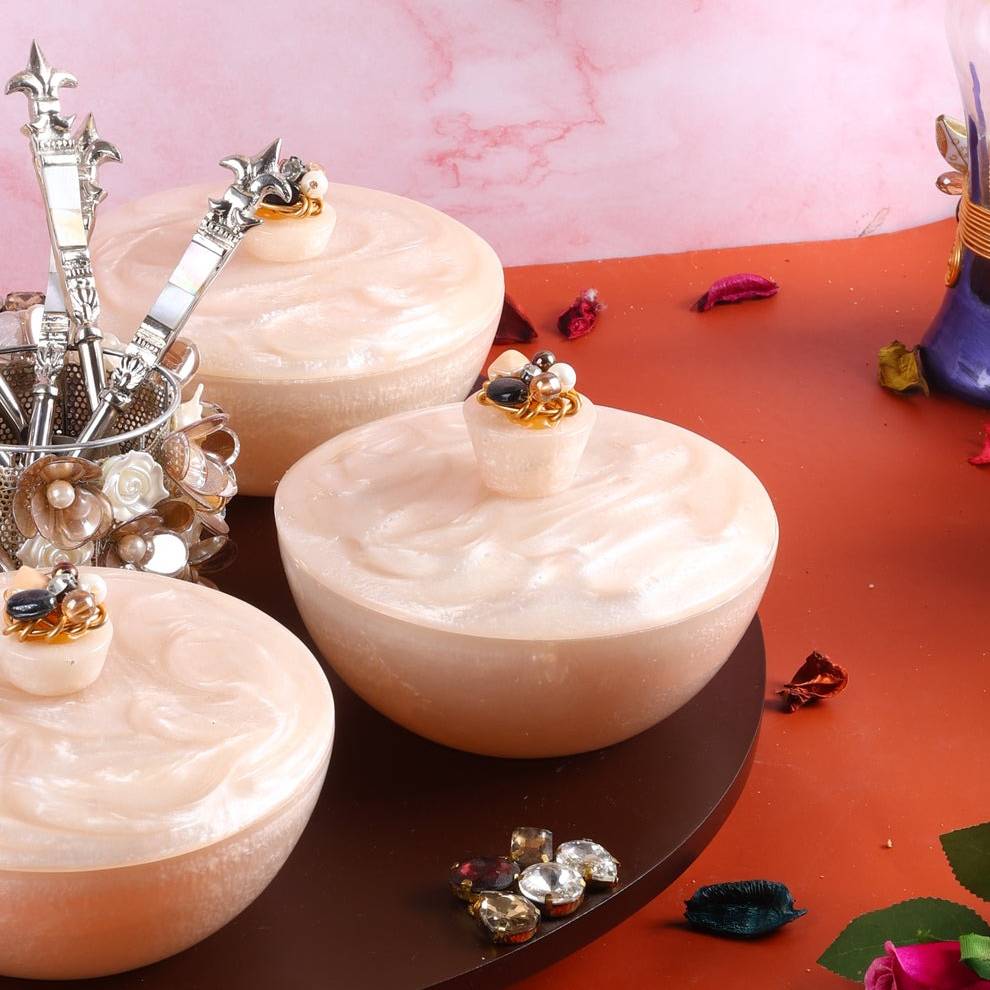 Resin Bowl Revolving Organiser Set - 5 Airtight Bowls | 1 Holder | 1 Wooden Revolving Tray