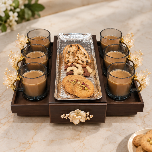 Golden Bloom Tea Cup Set β 6 Glass Cups with Wooden Serving Tray & Drawer
