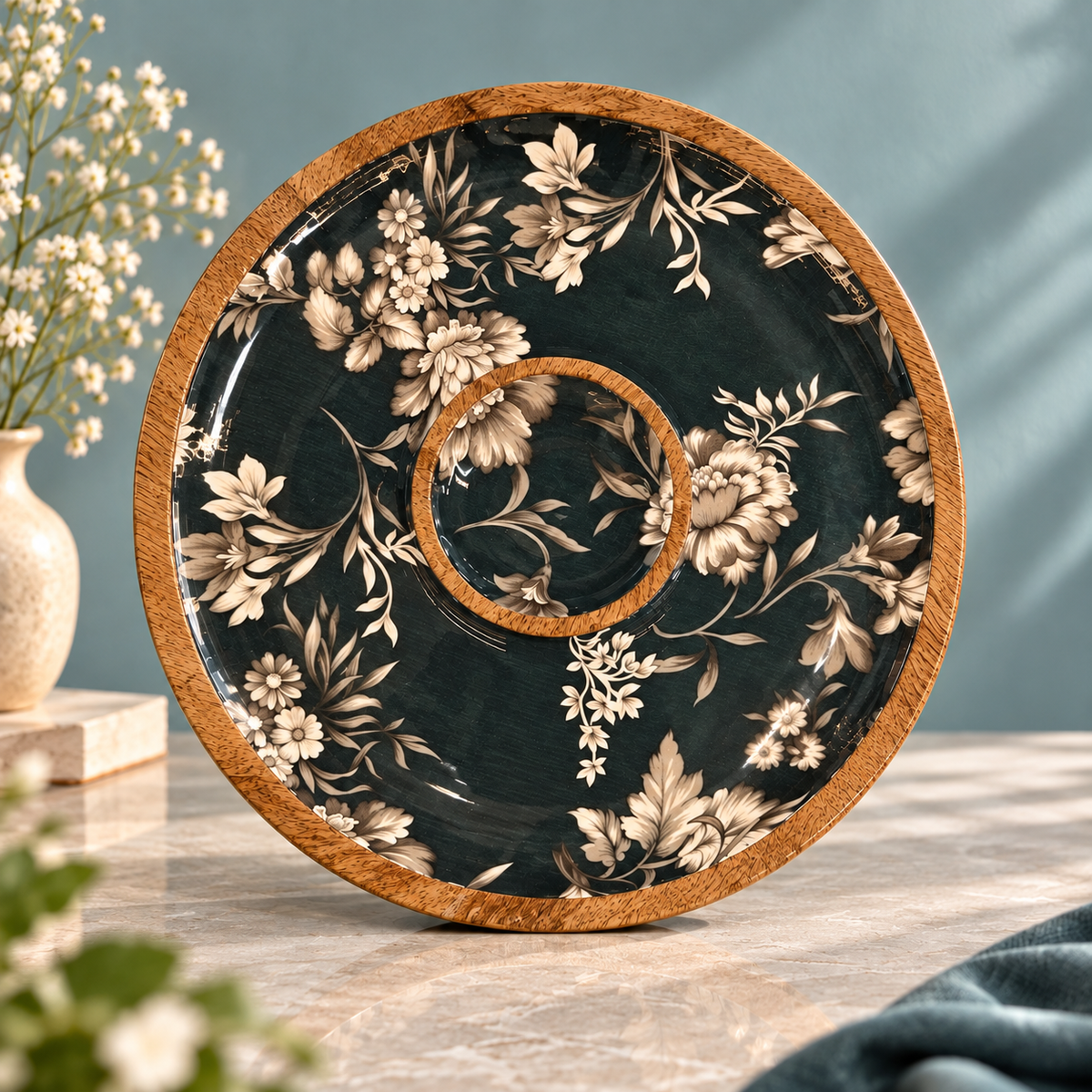 Handcrafted Mango Wood Centre Dip Serving Platter with Floral Print.