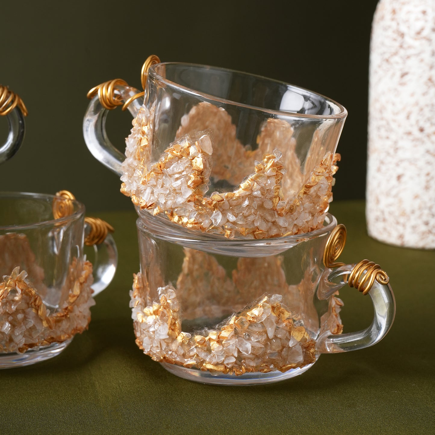 Luxury Handcrafted Resin & Glass Tea Cup Set of 6 With Soccer Plates