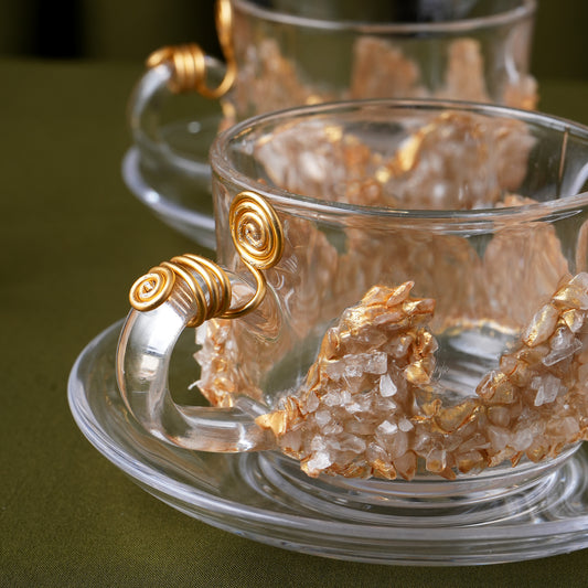 Luxury Handcrafted Resin & Glass Tea Cup Set of 6 With Soccer Plates