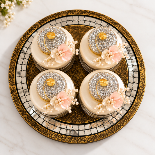 Decorative Glass Jar Set with Floral Embellished Lids & Vintage Mosaic Tray – 4 Pieces | Sajja Kreation