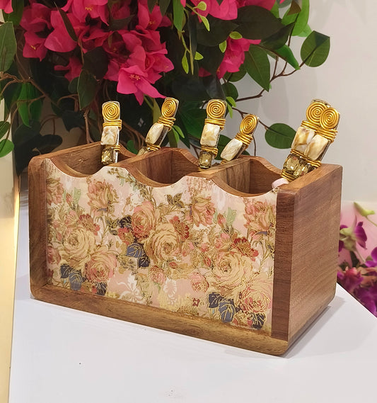 Handcrafted Mango Wooden Floral Multi-Purpose Organizer - 3 Section