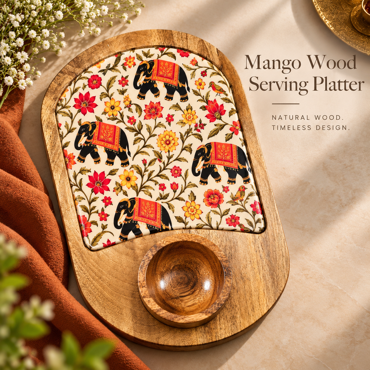 Mango Wood Snacks Platter with Bowl β Floral Print Serving Board