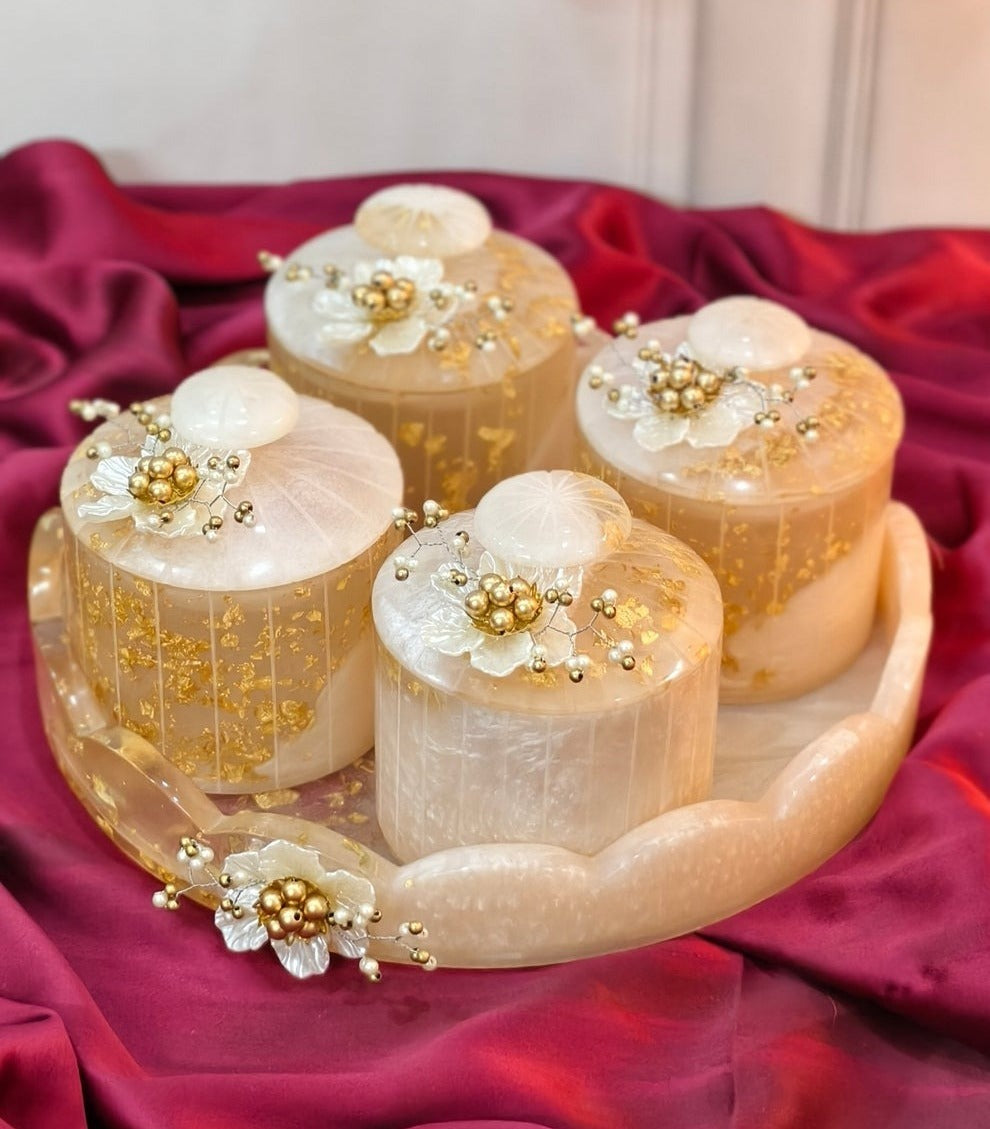 Resin Foil Round 4 Jar Organiser With Round Tray