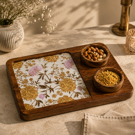 Handcrafted Mango Wood Snacks Platter with 2 Bowls