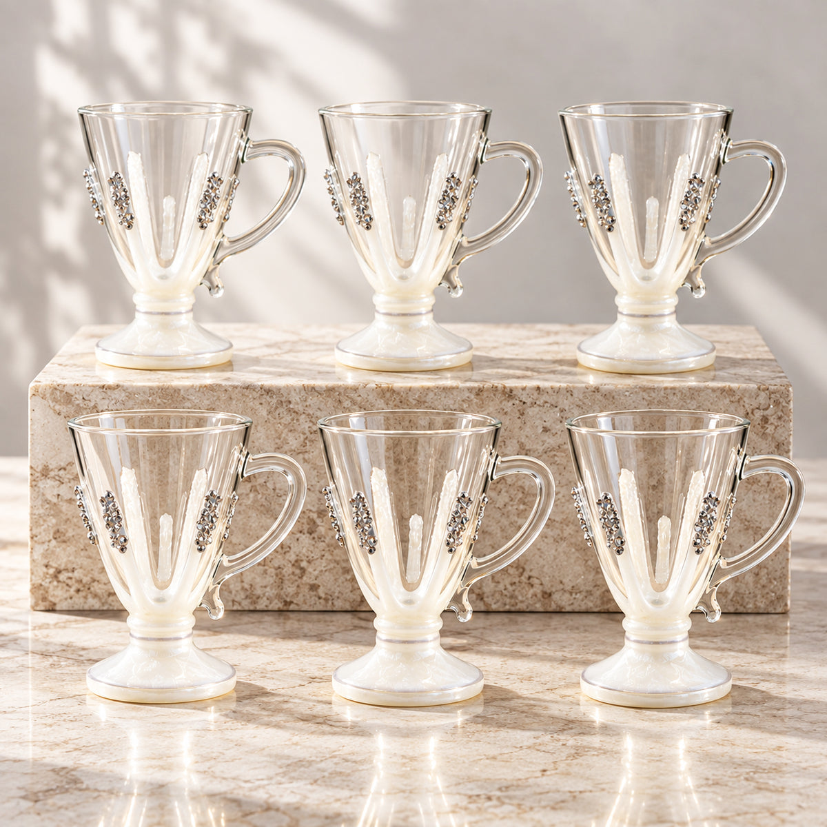 Handcrafted Tea & Coffee Cups Set of 6 with Pearlescent Accents & Crystal Embellishments