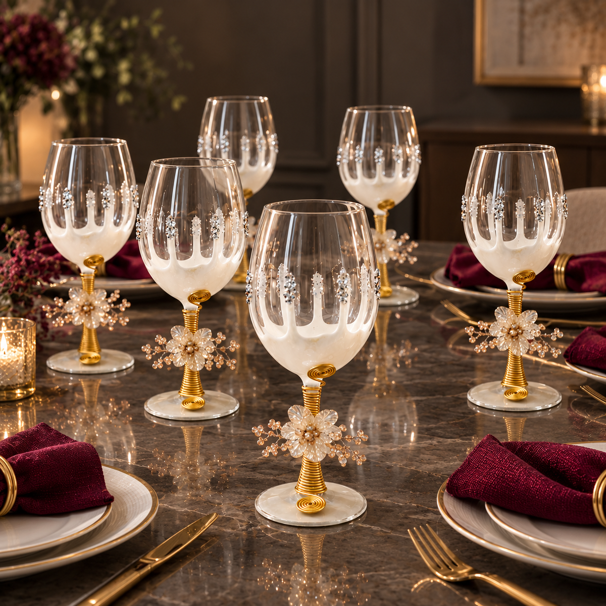 Sajja Kreation Handcrafted Wine Glass Set of 6 with Floral Pearl & Resin Detailing