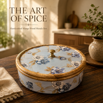 Handcrafted Mango-Wood Masala Box with Removable Spice Containers