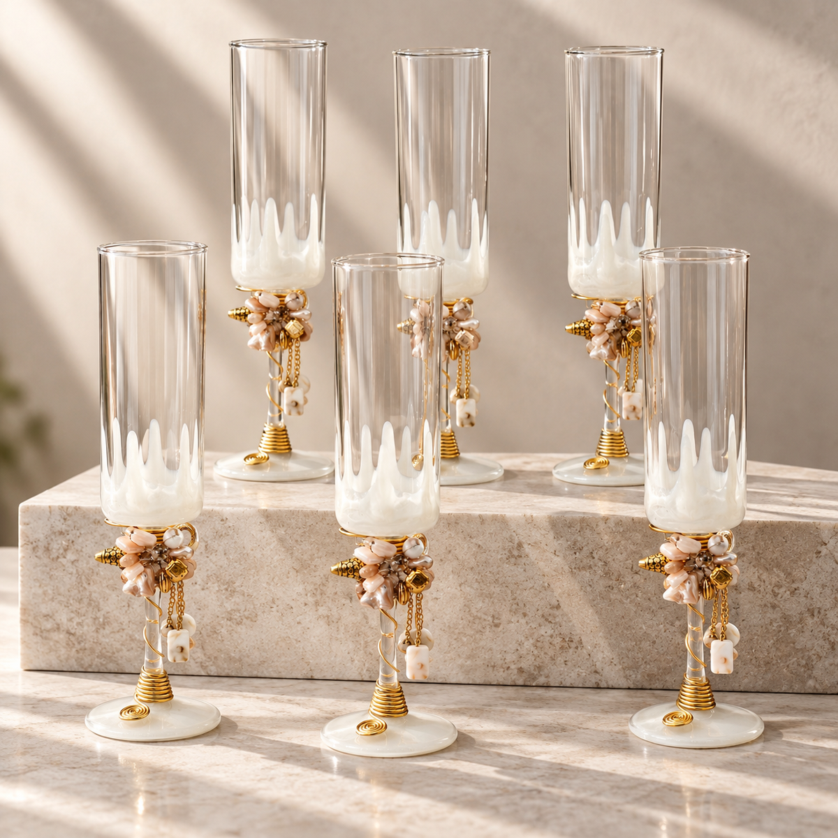 Sajja Kreation Handcrafted Pearl Accent Champagne Flute Set of 6