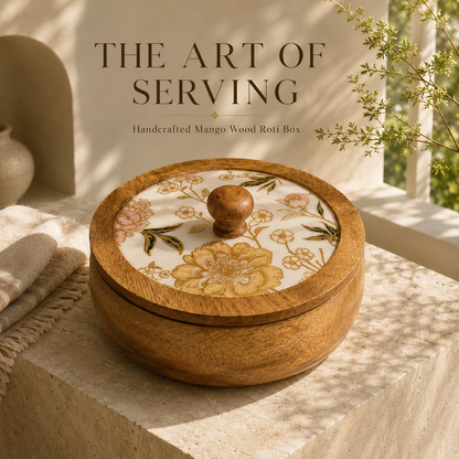 Mango Wood Roti Box with Floral Printed Lid