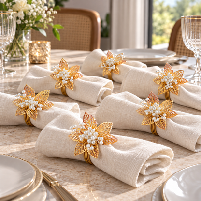 Sajja Kreation Blush Bloom Floral Napkin Rings with Beaded & Gold-Tone Detailing – Set of 6
