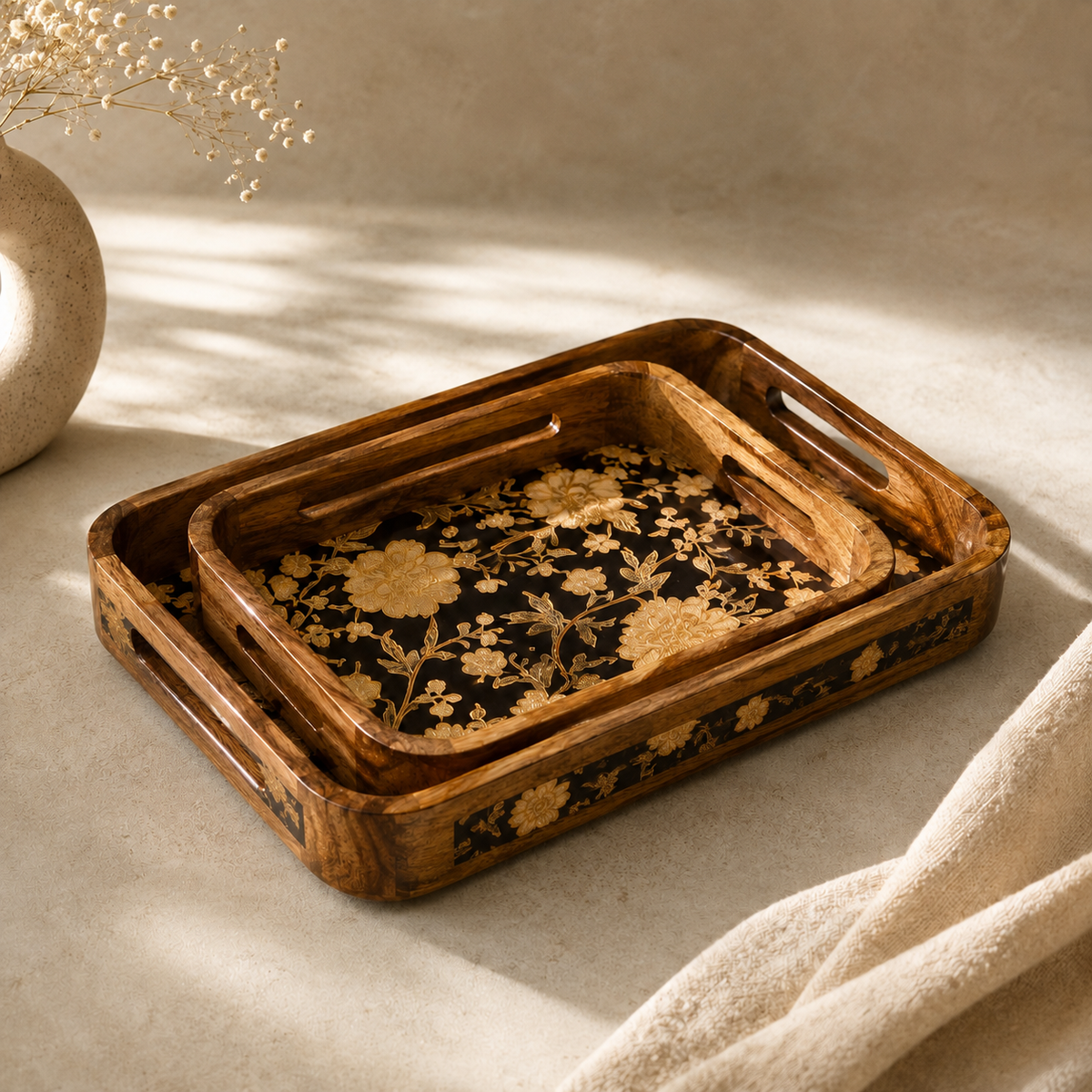 Luxury Mango Wood Serving Tray with Elegant Floral Design
