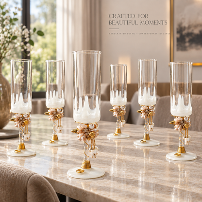 Sajja Kreation Handcrafted Pearl Accent Champagne Flute Set of 6