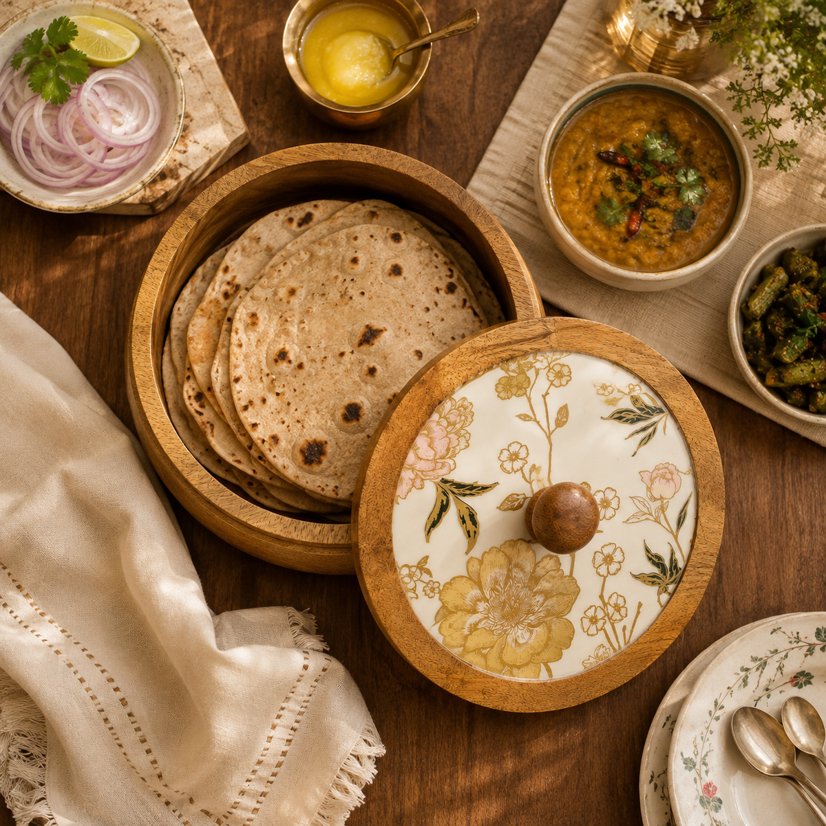 Mango Wood Roti Box with Floral Printed Lid