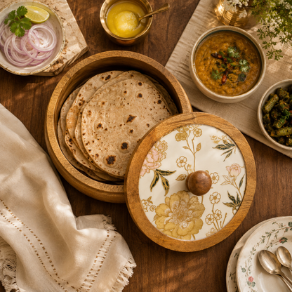 Mango Wood Roti Box with Floral Printed Lid