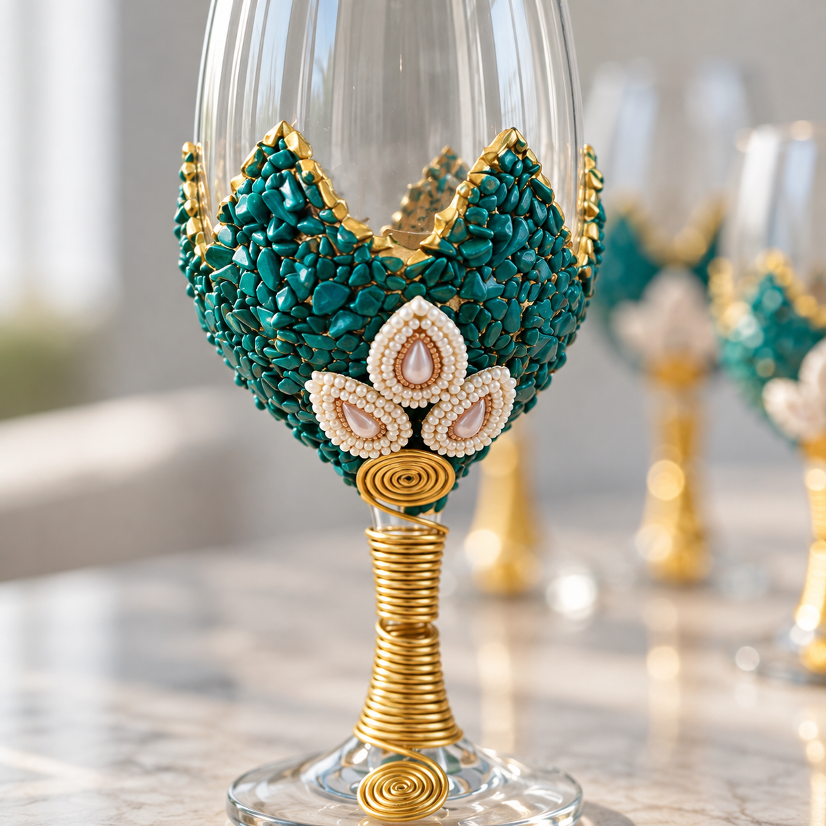 Handcrafted Wine Glass Set of 6 – Decorative Gold & Teal Design