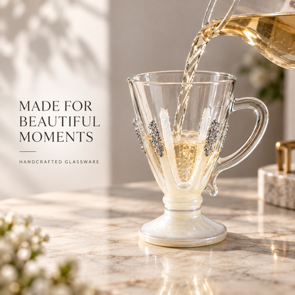Handcrafted Tea & Coffee Cups Set of 6 with Pearlescent Accents & Crystal Embellishments