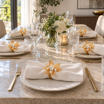 Sajja Kreation Blush Bloom Floral Napkin Rings with Beaded & Gold-Tone Detailing – Set of 6