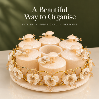 Resin Revolving 6 Jar Platter with Airtight Jars & Handcrafted Decoration | 360° Rotating Multipurpose Organizer