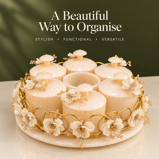 Resin Revolving 6 Jar Platter with Airtight Jars & Handcrafted Decoration | 360° Rotating Multipurpose Organizer