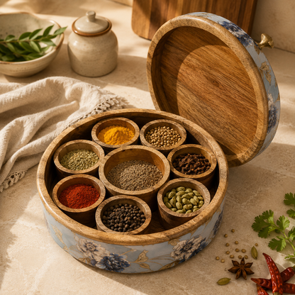 Handcrafted Mango-Wood Masala Box with Removable Spice Containers