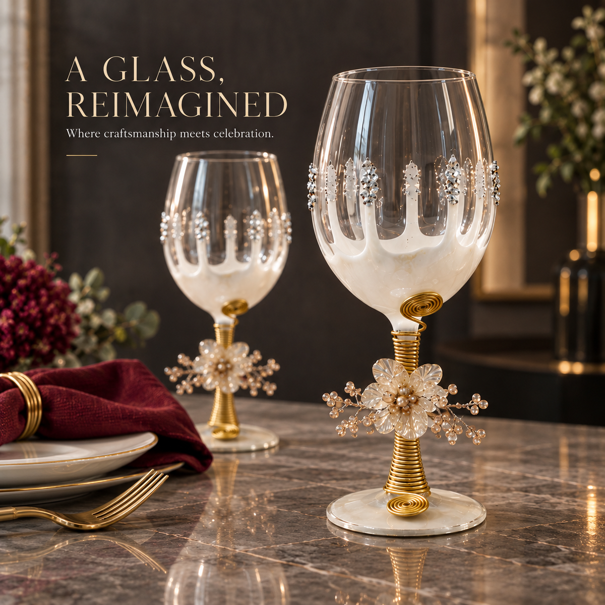 Sajja Kreation Handcrafted Wine Glass Set of 6 with Floral Pearl & Resin Detailing