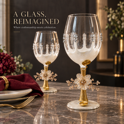 Sajja Kreation Handcrafted Wine Glass Set of 6 with Floral Pearl & Resin Detailing