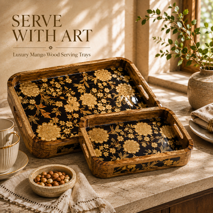 Luxury Mango Wood Serving Tray with Elegant Floral Design