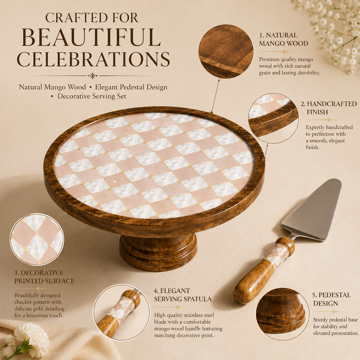 Mango Wood Cake Stand with Cake Spatula