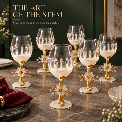 Sajja Kreation Handcrafted Wine Glass Set of 6 with Floral Pearl & Resin Detailing