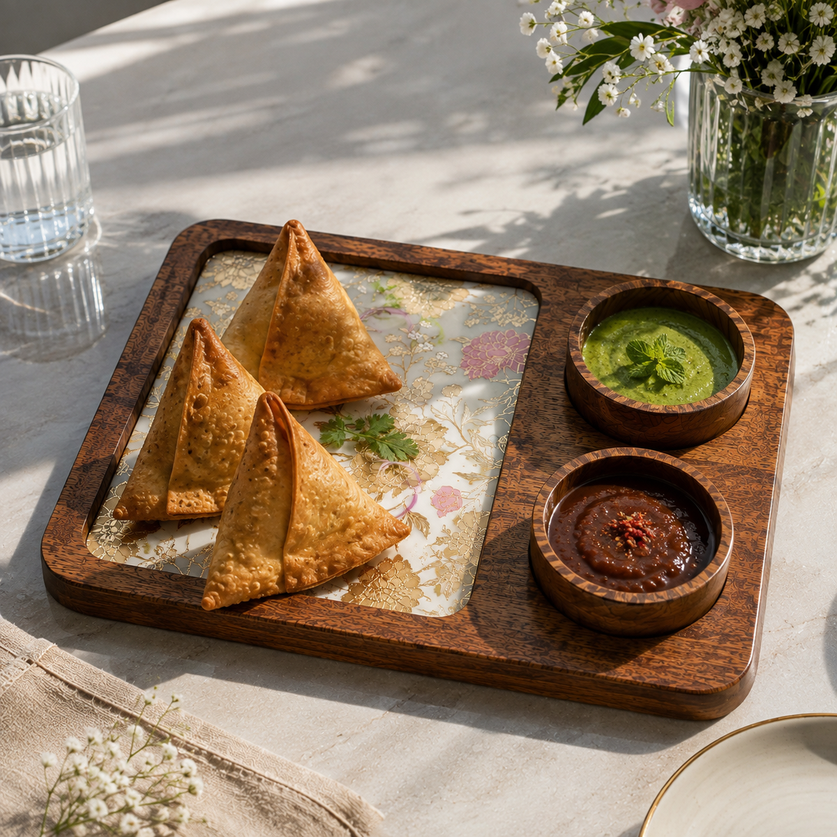 Handcrafted Mango Wood Snacks Platter with 2 Bowls