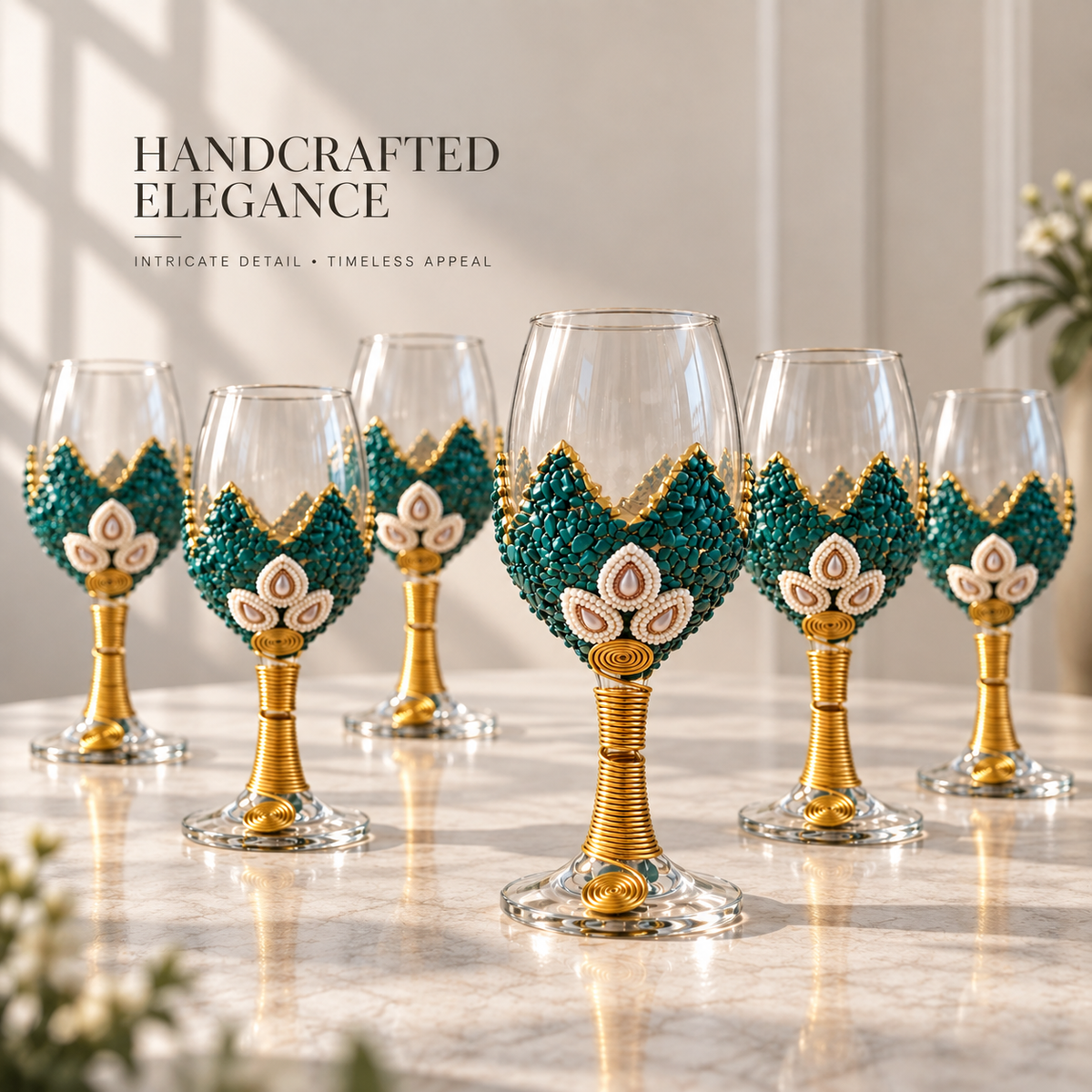 Handcrafted Wine Glass Set of 6 – Decorative Gold & Teal Design