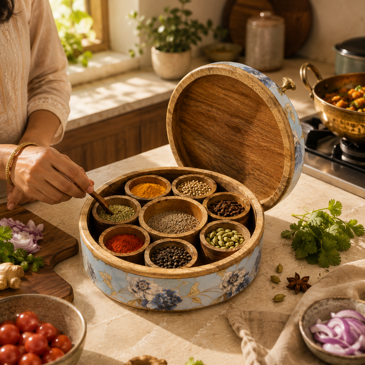 Handcrafted Mango-Wood Masala Box with Removable Spice Containers
