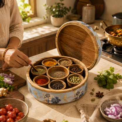 Handcrafted Mango-Wood Masala Box with Removable Spice Containers