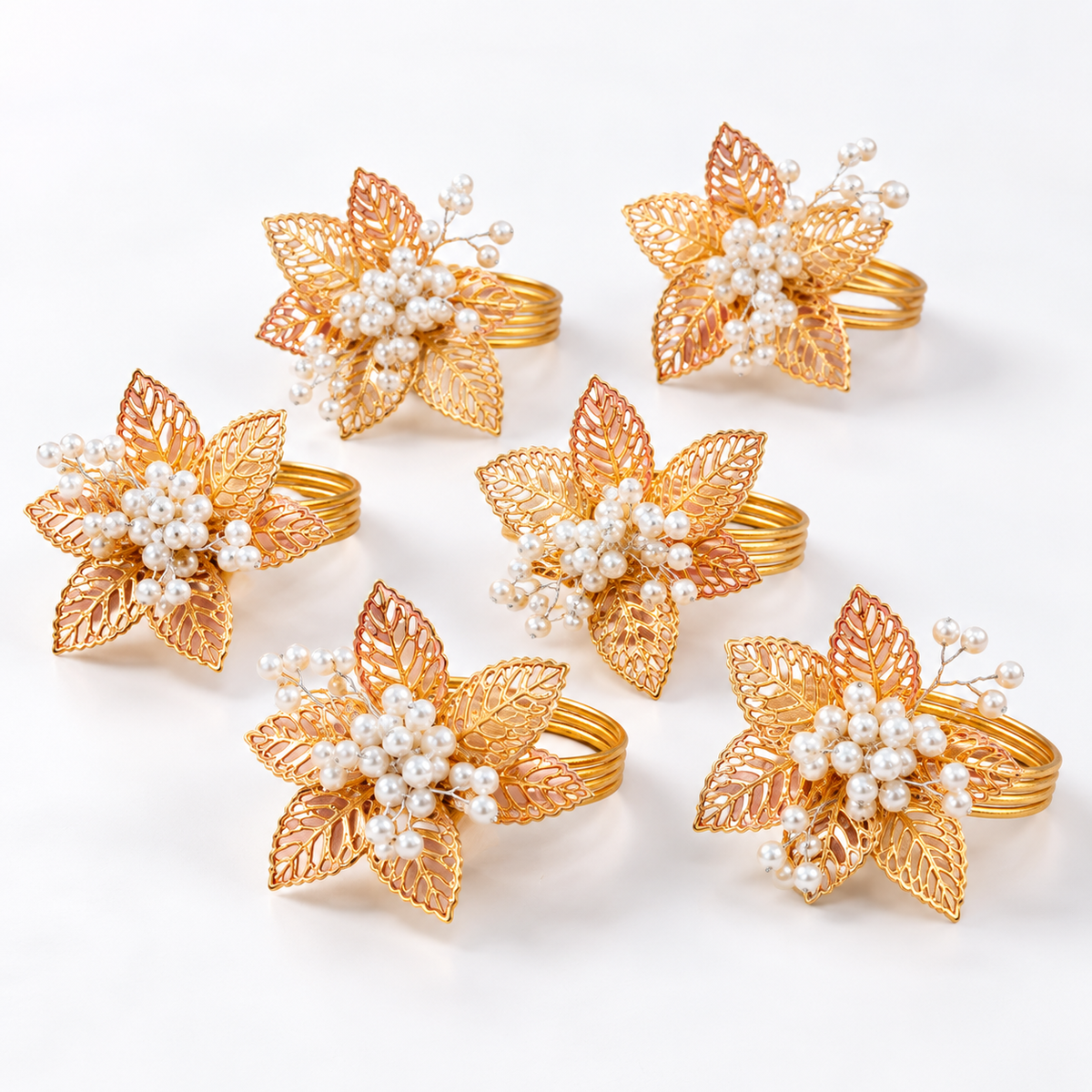 Sajja Kreation Blush Bloom Floral Napkin Rings with Beaded & Gold-Tone Detailing – Set of 6