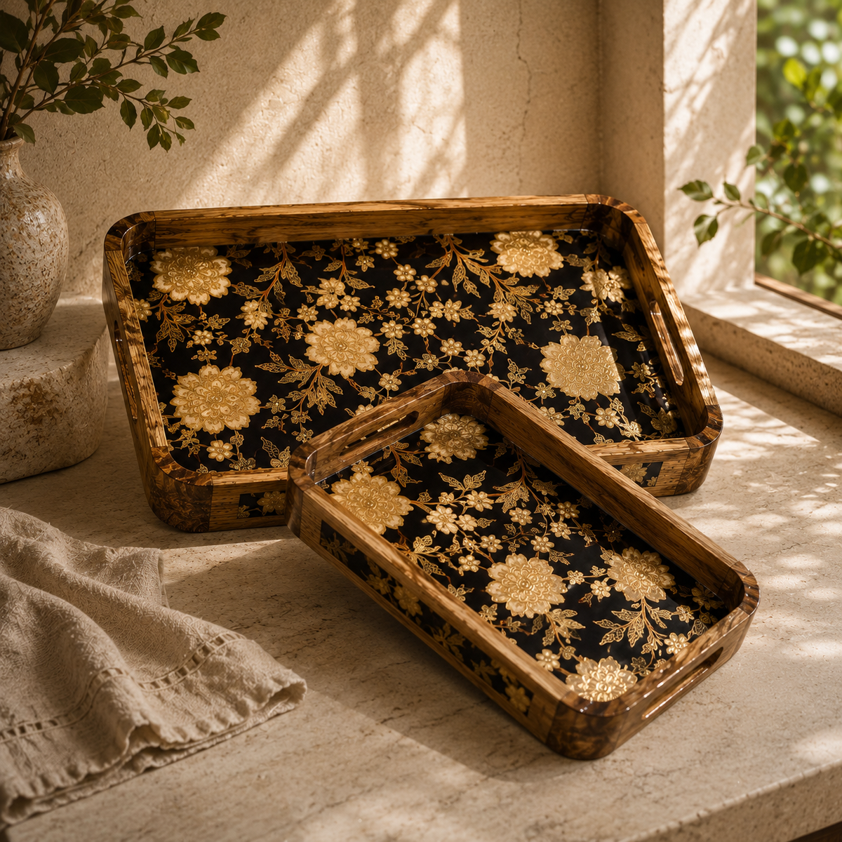 Luxury Mango Wood Serving Tray with Elegant Floral Design