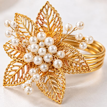 Sajja Kreation Blush Bloom Floral Napkin Rings with Beaded & Gold-Tone Detailing – Set of 6