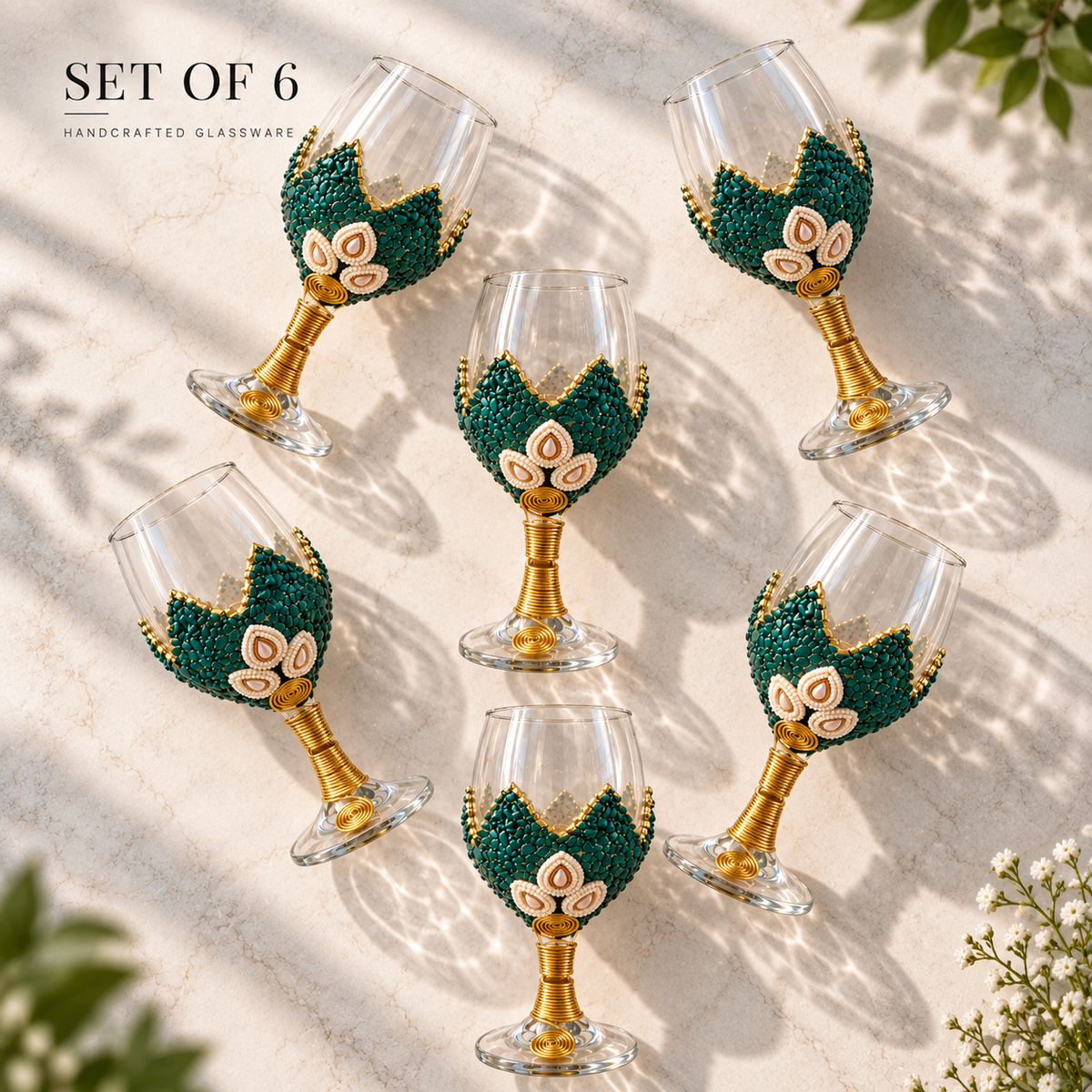 Handcrafted Wine Glass Set of 6 – Decorative Gold & Teal Design