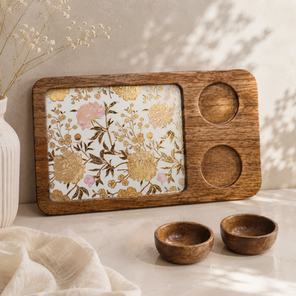 Handcrafted Mango Wood Snacks Platter with 2 Bowls