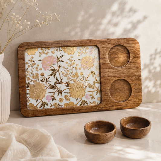 Handcrafted Mango Wood Snacks Platter with 2 Bowls