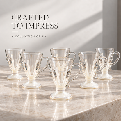 Handcrafted Tea & Coffee Cups Set of 6 with Pearlescent Accents & Crystal Embellishments