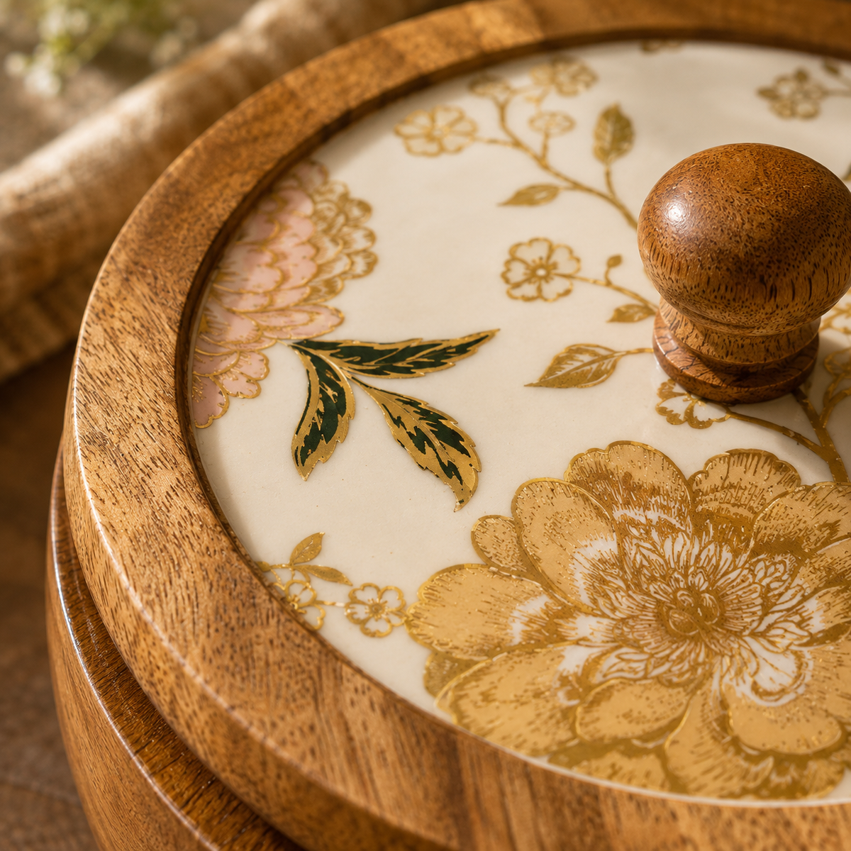 Mango Wood Roti Box with Floral Printed Lid