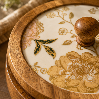 Mango Wood Roti Box with Floral Printed Lid