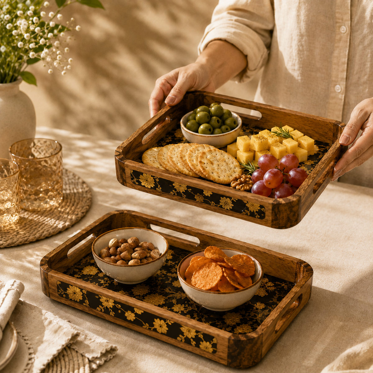 Luxury Mango Wood Serving Tray with Elegant Floral Design