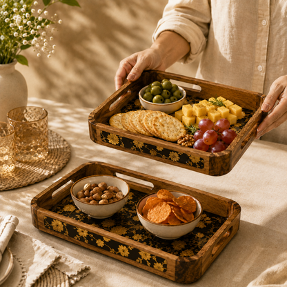 Luxury Mango Wood Serving Tray with Elegant Floral Design