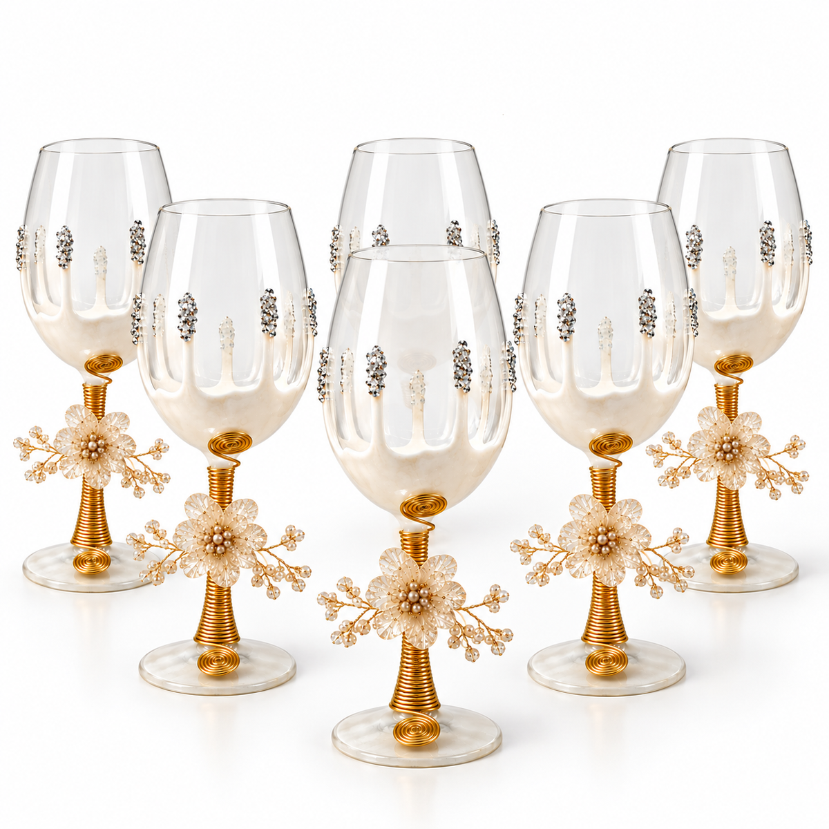 Sajja Kreation Handcrafted Wine Glass Set of 6 with Floral Pearl & Resin Detailing